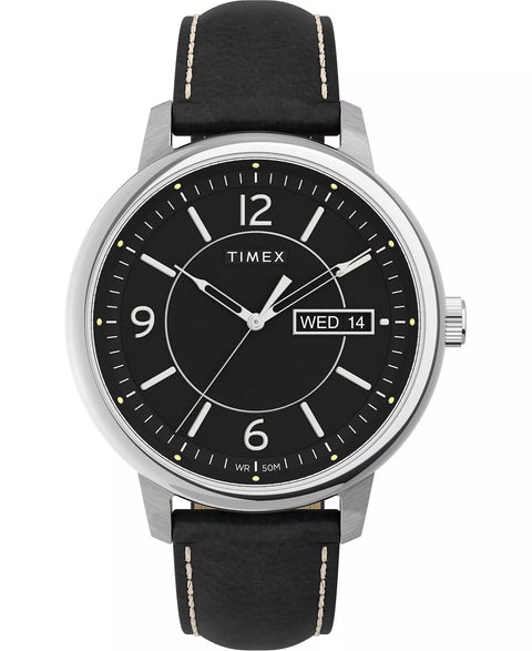 Timex Chicago Black Leather Watch 45mm - Black/Silver